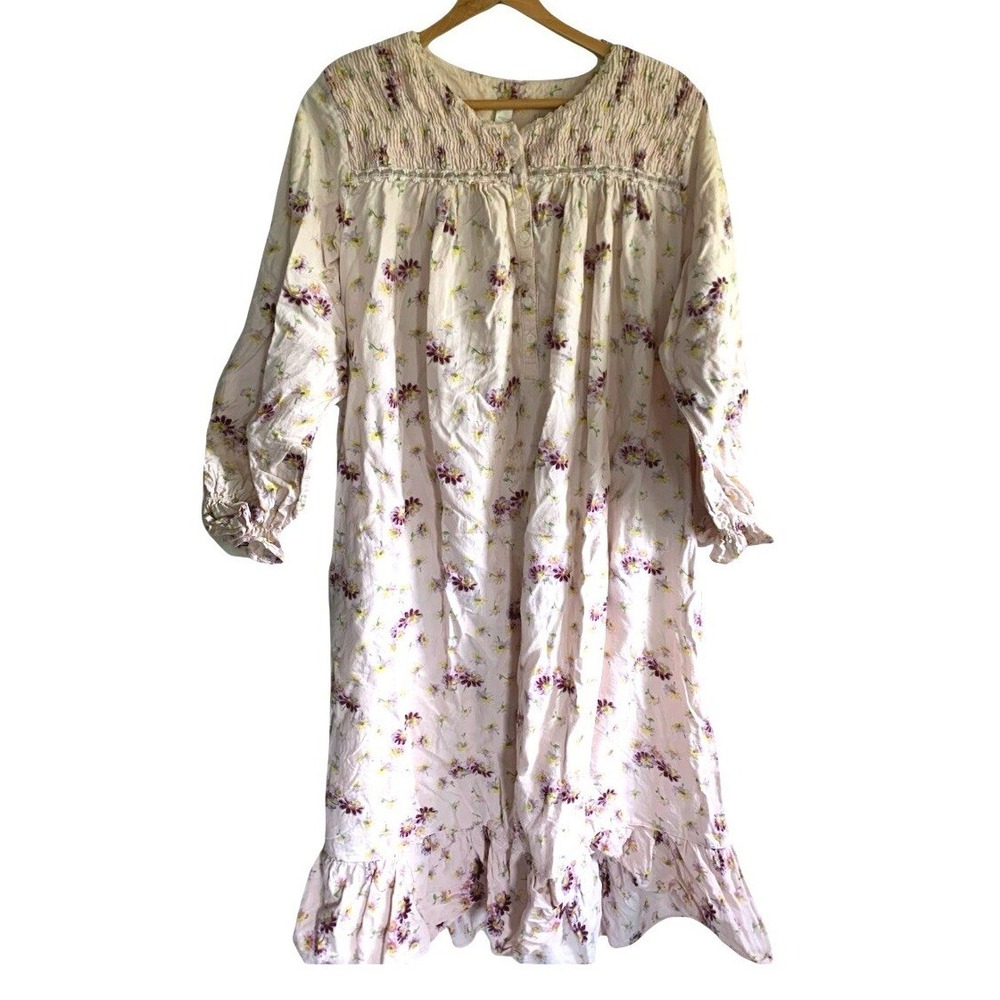Grandmacore Warm Comfort Flannel Floral Granny Gown 1X Long Sleeve Smocking